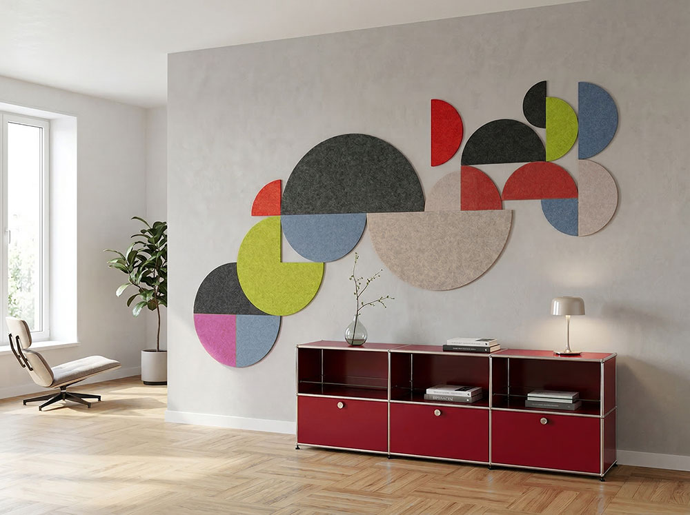 WECHSELSPIEL ZWISCHEN HARMONIE UND KONTRAST Filz Halbkreise als grafisches Wandbild – Formzuschnitte in 28 Farben