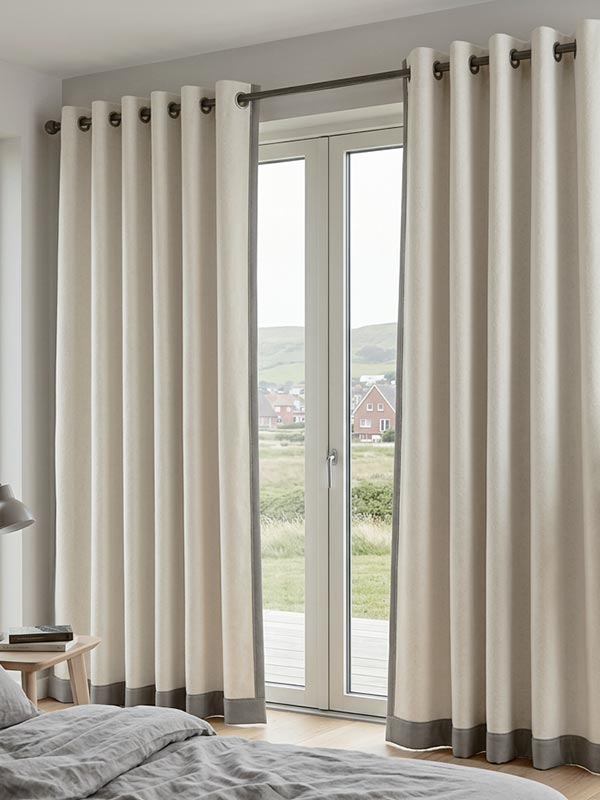 weißer Thermovorhang aus Wollfilz im Schlafzimmer Thermovorhang aus naturweißem Wollfilz in 3mm Dicke