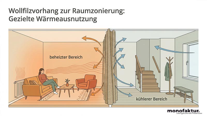 Mit Wollfilzvorhang Räume zonieren und Heizkosten senken