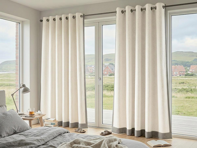 Thermovorhang aus weißem Naturfilz im Schlafzimmer