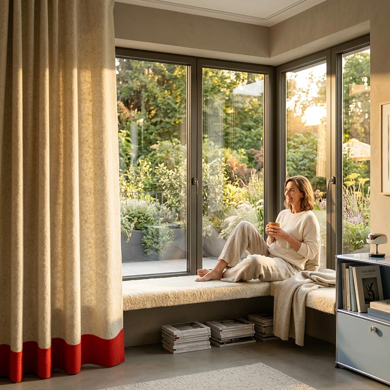 Filzgardine in wollweiß meliert mit rotem Filzsaum an einem Fenster