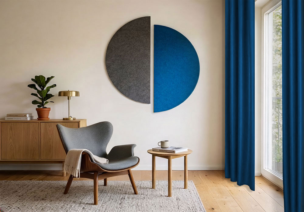 Wandgestaltung mit zwei Halbkresien aus Filz in grau und blau