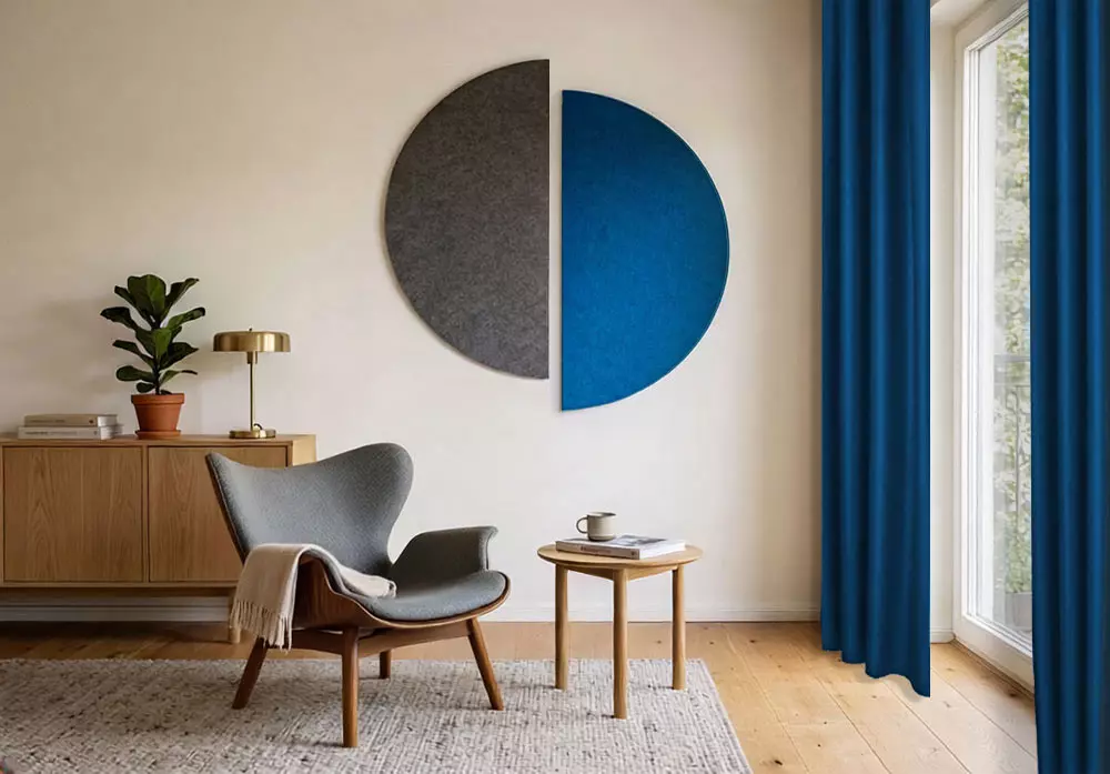 Wandgestaltung mit zwei Halbkresien aus Filz in grau und blau