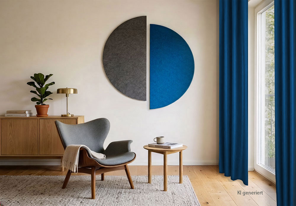 Wandgestaltung mit zwei Halbkreisen aus Filz in grau und blau Halbkreise aus farbigem Wollfilz an der Wand - gute Akustik und Design