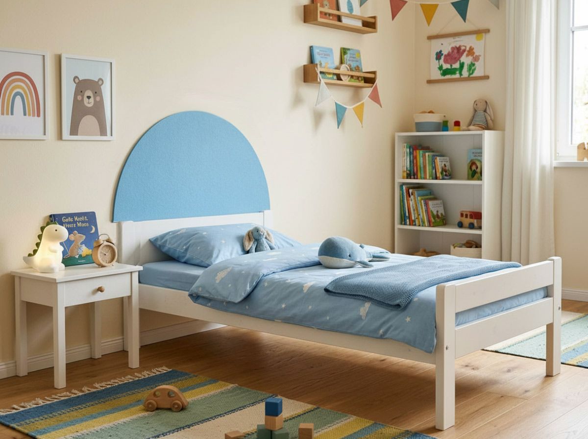 Hellblauer Formzuschnitt als Halbkreis am Kopfende eines Kinderbetts Filz-Halbkreis als Betthaupt am Kinderbett