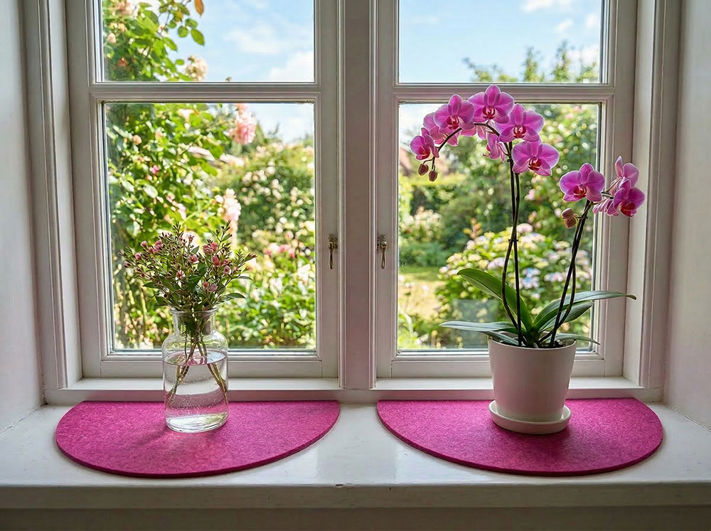 Filz Halbkreis als Auflage auf dem Fensterbrett – Magnolie / Pink Filz Halbkreis als Auflage auf dem Fensterbrett – Magnolie / Pink